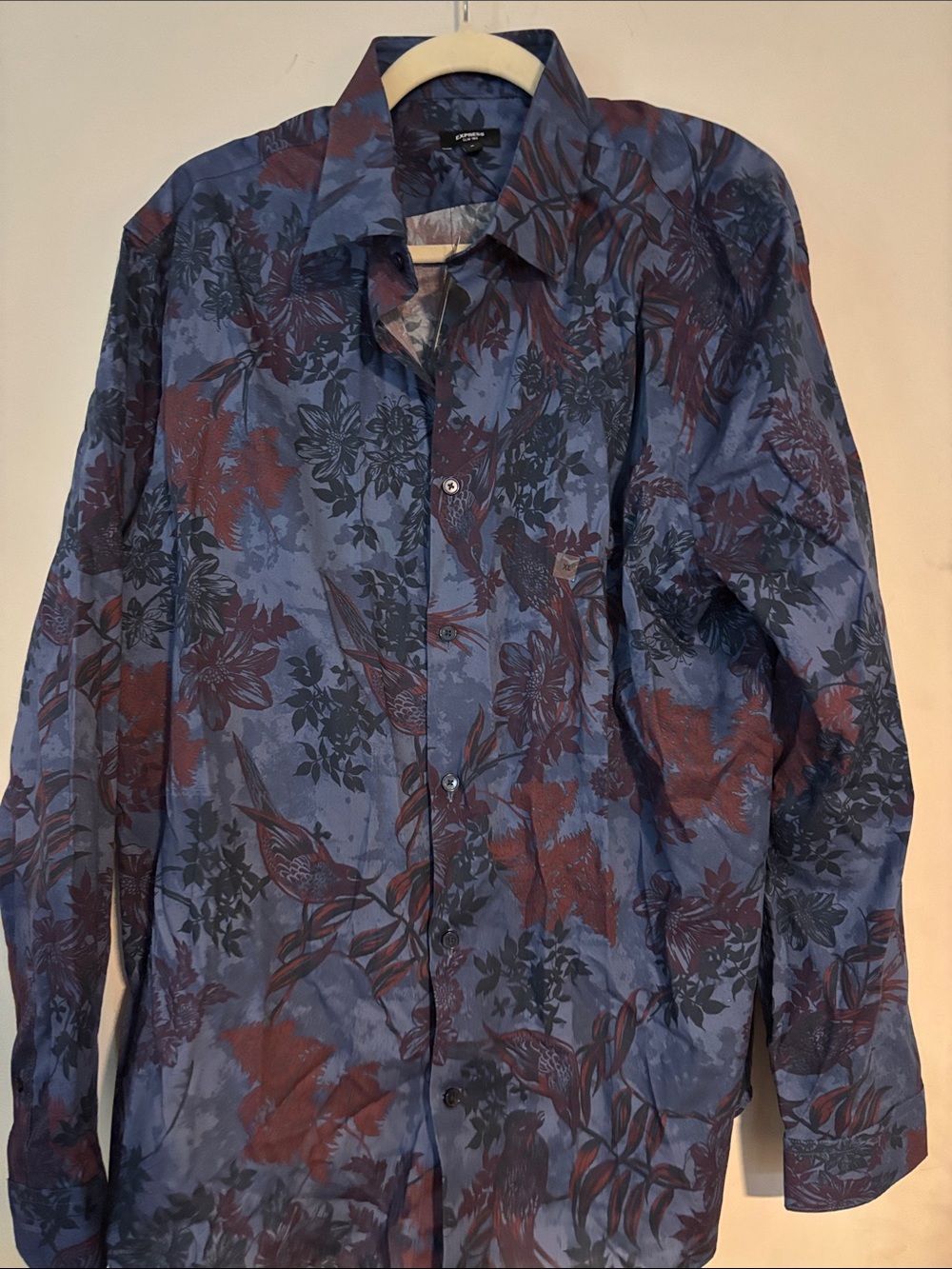 NWT Express Men's Floral Button-Up Shirt in Blue and Maroon